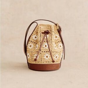 Sezane Mini Farrow Raphia Bucket in Embroidered Flowers Rafia